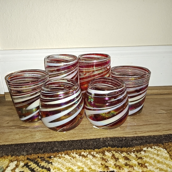 Handmade Other - Hand Blown Set of 6 Red White Swirl Glasses